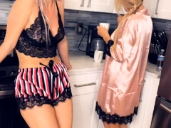 Hot lesbian housewives in lingerie make out in the kitchen