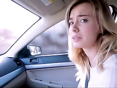 Hot blonde babe gets fucked by new guy in car