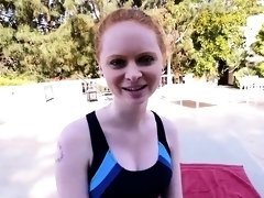 Redhead babe eating black cock outside