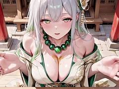 The Fair-Haired Shrine Maiden Strips Teasingly in a Crimson Hall, Shoulders Bared and Thigh