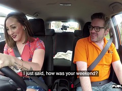 European brunette with big tits sucks off driving tutor