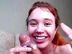 Redhead sucks cum after she gives blowjob in insane modes