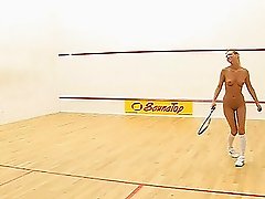 Playing squash naked before dildoing each other's pussies
