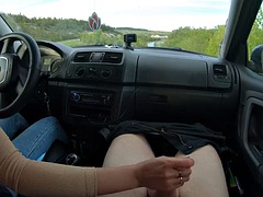 Public handjob in a car on the side of the road