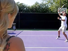 sweet blondie bella rose fucks a tennis player on a lawn